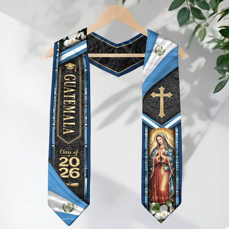 Guatemala Graduation Stole 2026 Virgin Mary Cross Quetzal Bird Blue Gold Graduation Sash Design