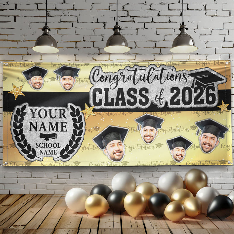 Custom Graduation Banner 2026 Photo Black Gold Glitter Pattern Congrats Grad Backdrop Personalized