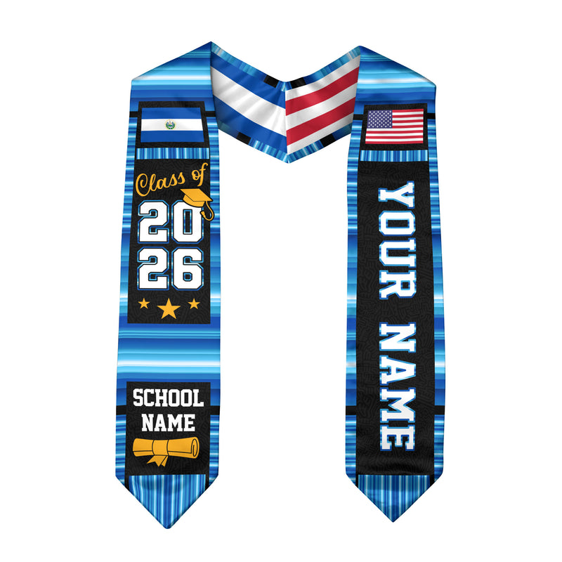 El Salvador Graduation Stole 2026, El Salvador Flag Sash, Custom Accent Grad Stole 2026