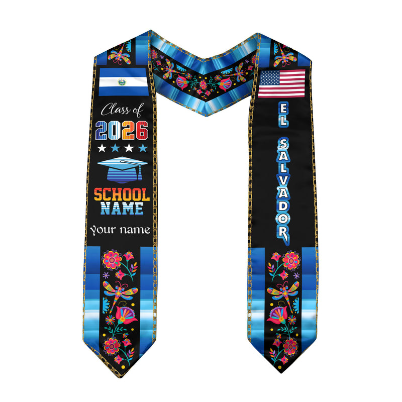 El Salvador Graduation Sash 2026, Salvadoran Flag Stole, Customizable Detail Grad Stole