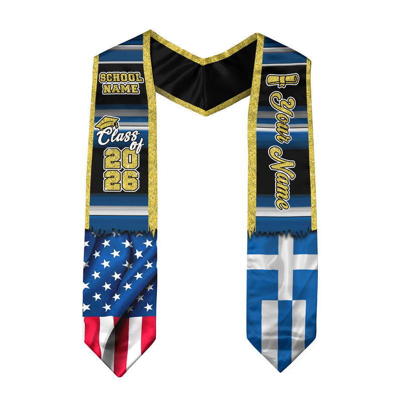 Customized Greece Graduation Stole Featuring Greek Flag Heritage Pattern, Graduation Sash for Class of 2026