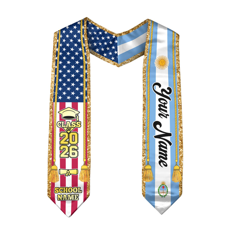 Customized Argentina Graduation Stole with Flag Emblem, Graduation Sash for Class of 2026
