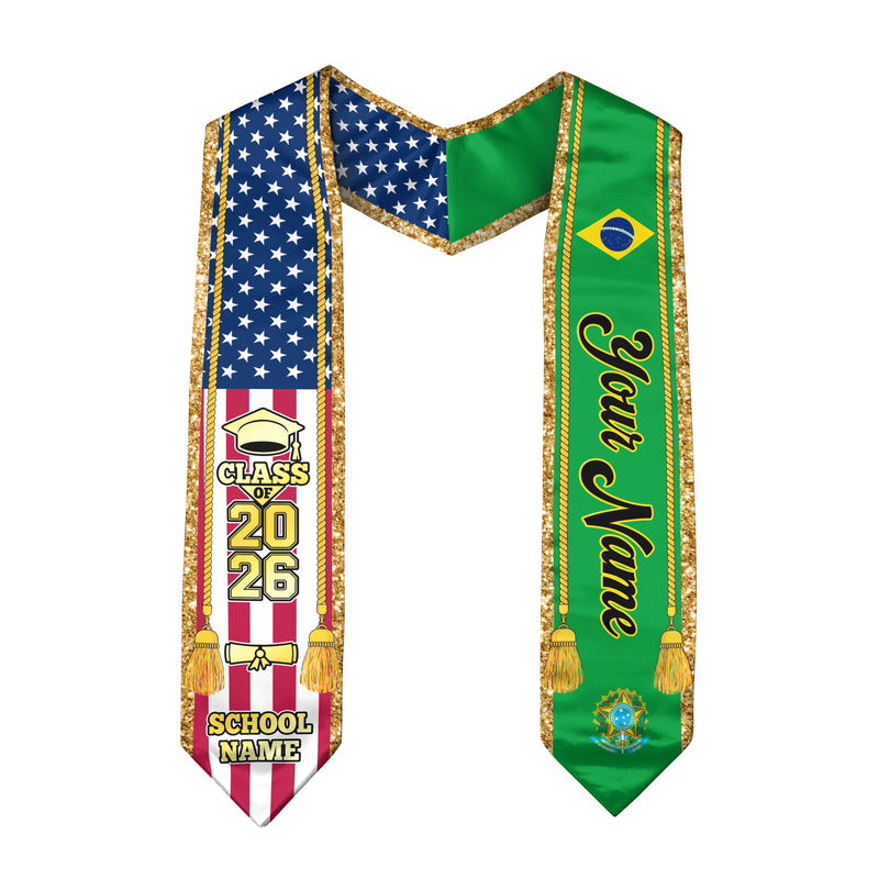 Customized Brazil Graduation Stole with Brazilian Flag Emblem, Graduation Sash for Class of 2026