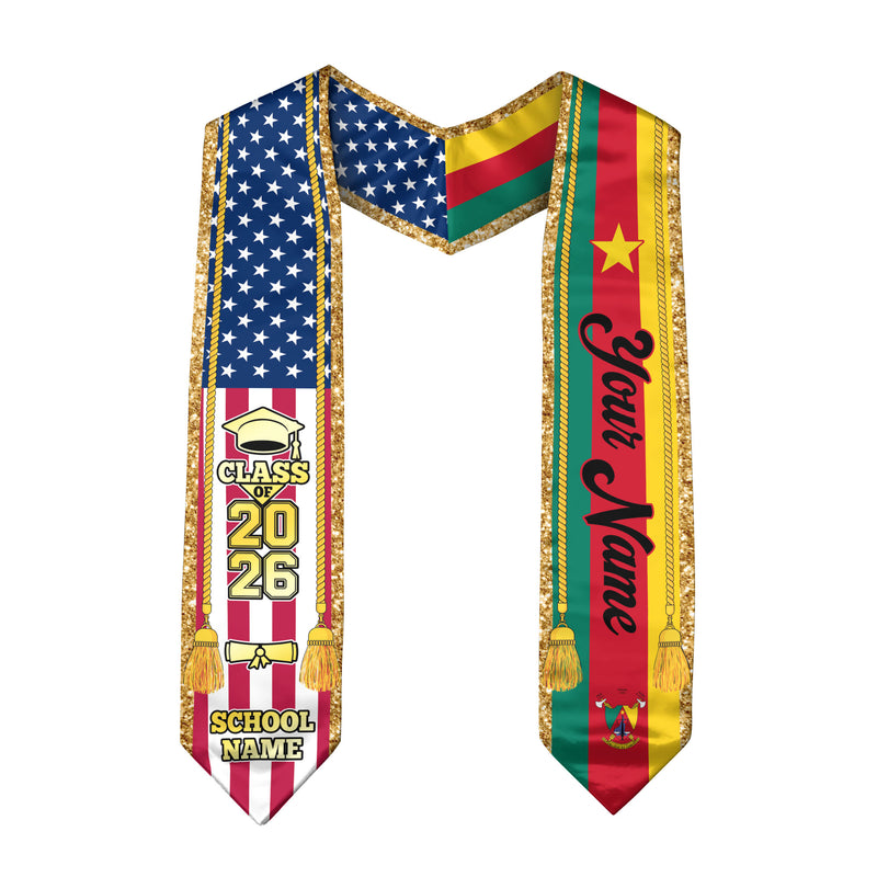 Customized Cameroon Graduation Stole with National Flag Emblem, Graduation Sash for Class of 2026