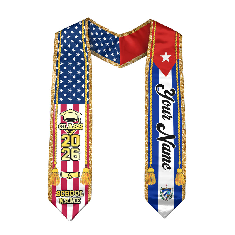 Customized Cuba Graduation Stole with Cuban Flag Emblem, Graduation Sash for Class of 2026