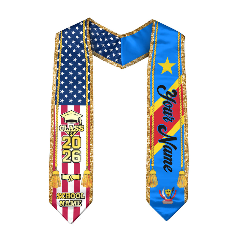 Customized DR Congo Graduation Stole with National Flag Emblem, Graduation Sash for Class of 2026