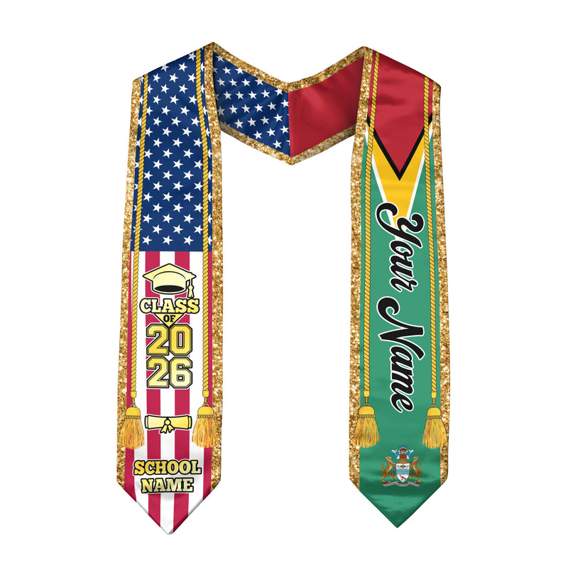 Customized Guyana Graduation Stole with Guyanese Flag Emblem, Graduation Sash for Class of 2026