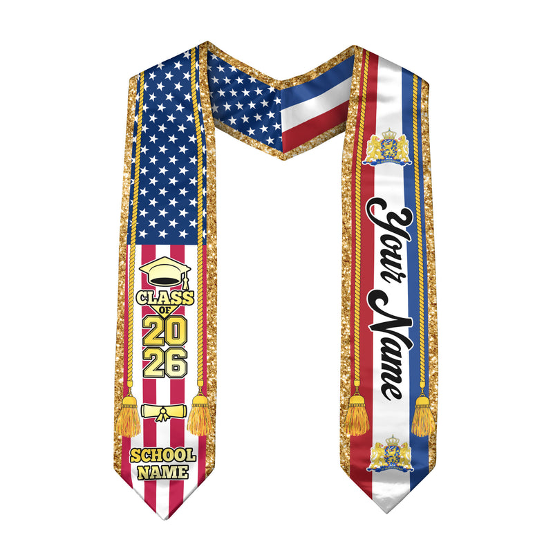 Customized Netherlands Graduation Stole with Dutch Flag Emblem, Graduation Sash for Class of 2026