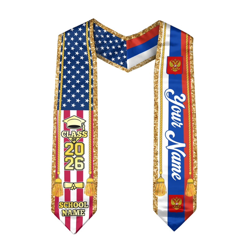 Customized Russia Graduation Stole with Russian Flag Emblem, Graduation Sash for Class of 2026