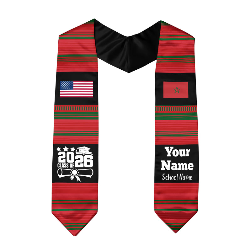 Customized Morocco Graduation Stole Featuring National Flag Motif, Graduation Sash for Class of 2026