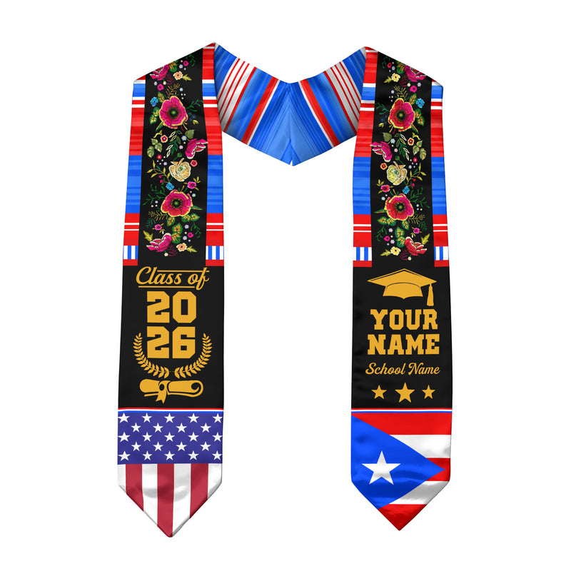 Puerto Rico Graduation Sash 2026, Puerto Rican Flag Stole, Personal Detail Option