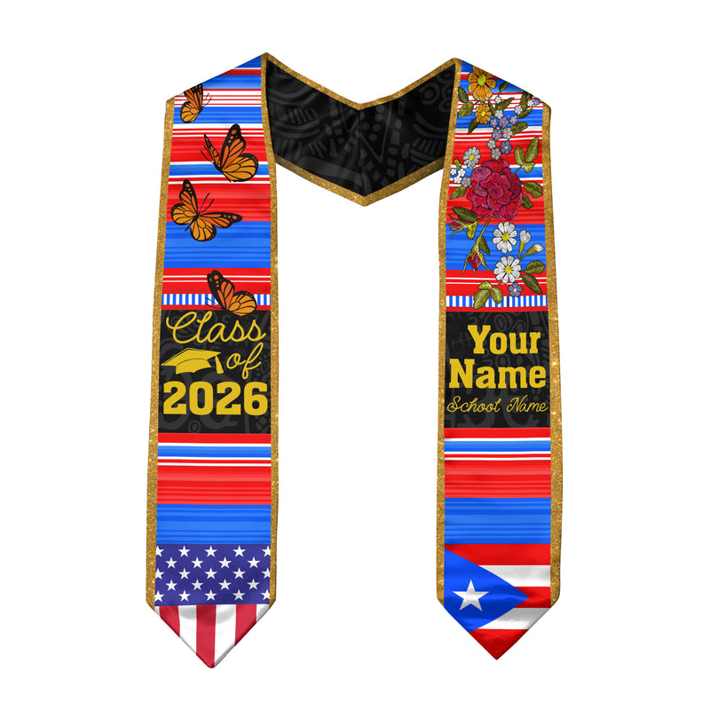 2026 Puerto Rico Flag Graduation Stole, Puerto Rican Sash, Personalized Detail