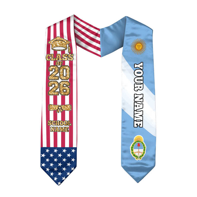 Customized Argentina Graduation Stole with National Flag Accent, Graduation Sash 2026, Class of 2026