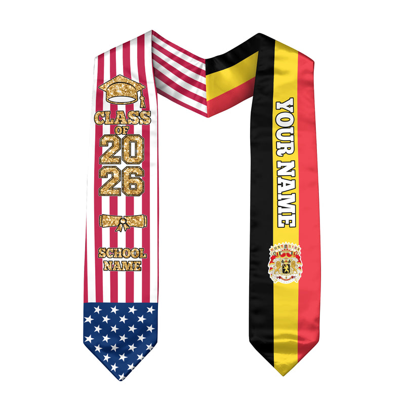 Customized Belgium Graduation Stole with National Flag Detail, Graduation Sash 2026, Class of 2026