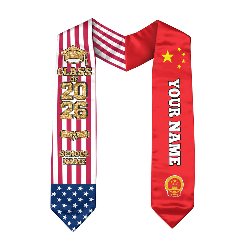 Customized China Graduation Stole with National Flag Detail, Graduation Sash 2026, Class of 2026