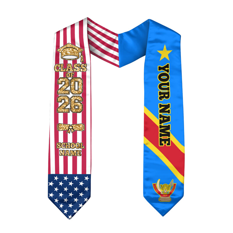 Customized DR Congo Graduation Stole Featuring National Flag Colors, Graduation Sash 2026, Class of 2026