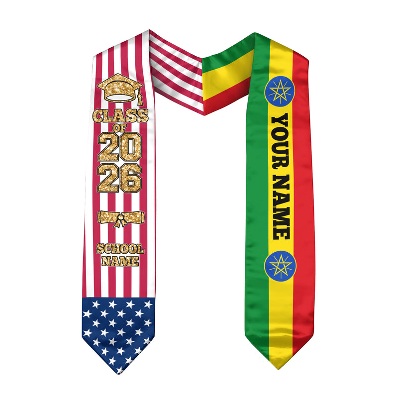 Customized Ethiopia Graduation Stole with Ethiopian Flag Feature, Graduation Sash 2026, Class of 2026