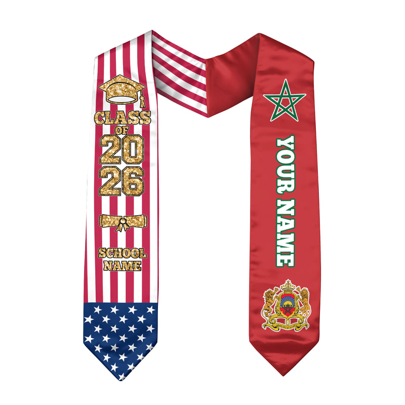 Customized Morocco Graduation Stole Featuring Moroccan Flag Detail, Graduation Sash 2026, Class of 2026