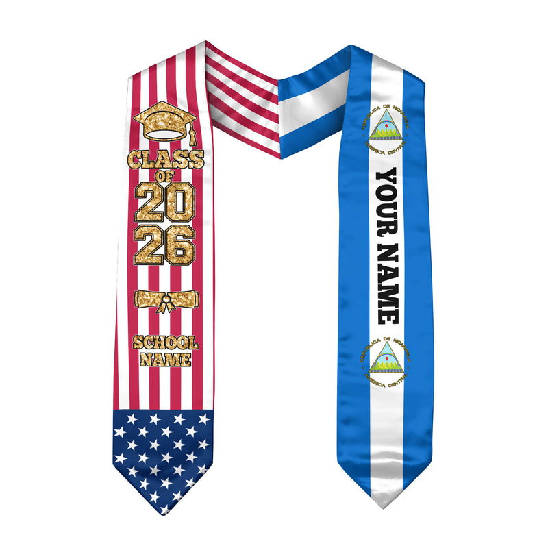 Customized Nicaragua Graduation Stole Featuring National Flag Accent, Graduation Sash 2026