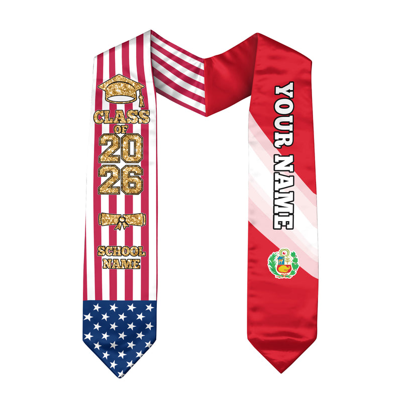 Customized Peru Graduation Stole Featuring Peruvian Flag Accent, Graduation Sash 2026, Class of 2026