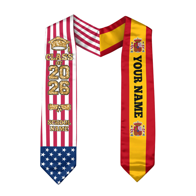 Customized Spain Graduation Stole Featuring Spanish Flag Colors, Graduation Sash 2026, Class of 2026