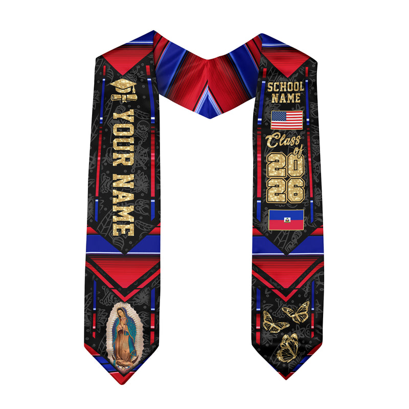 Haitian Flag Graduation Sash 2026, Haiti Graduation Stole, Customizable Detail Stole
