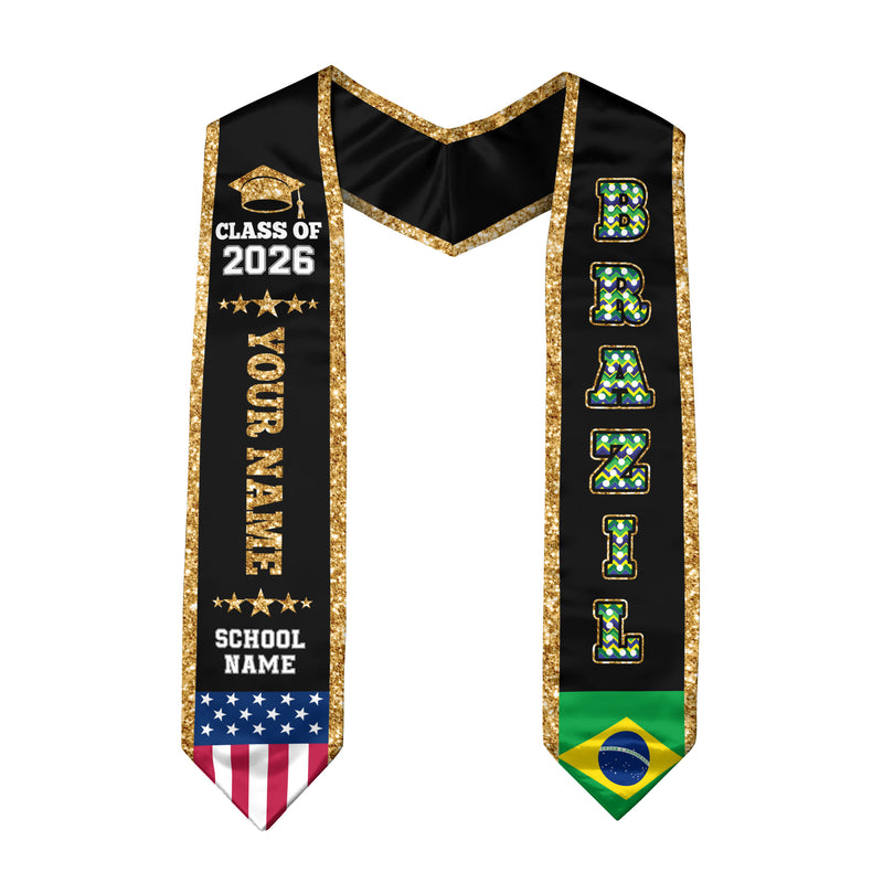 Brazil Graduation Stole 2026, Brazil Flag Sash, Personal Detail Option for Graduates