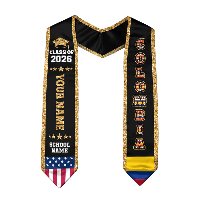 2026 Colombia Flag Graduation Stole, Colombia Sash, Personal Detail Option for Grads