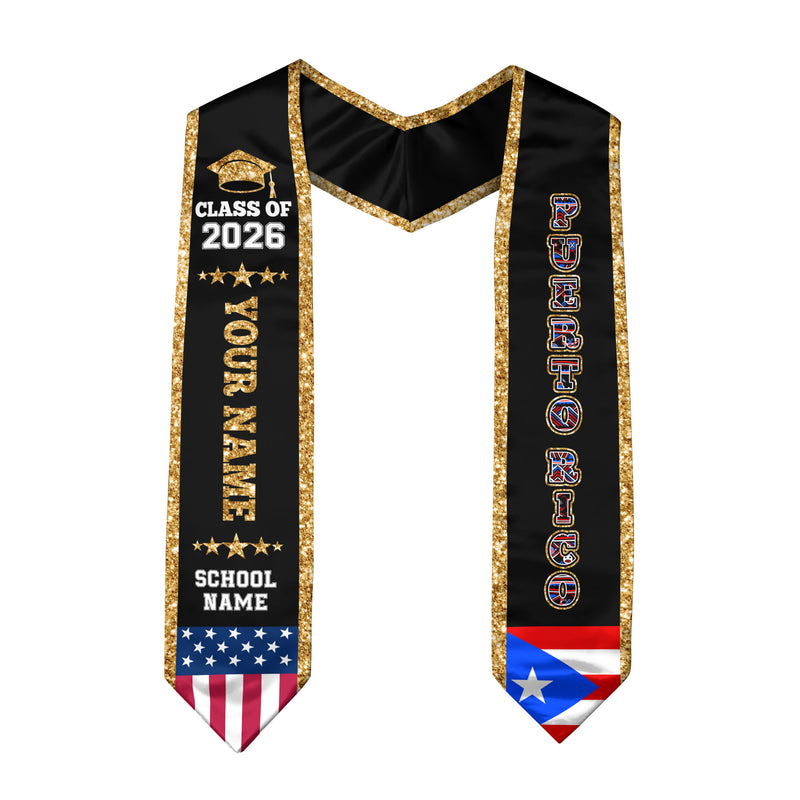 2026 PuertoRico Flag Graduation Stole, PuertoRico Sash, Personal Detail Option for Grads