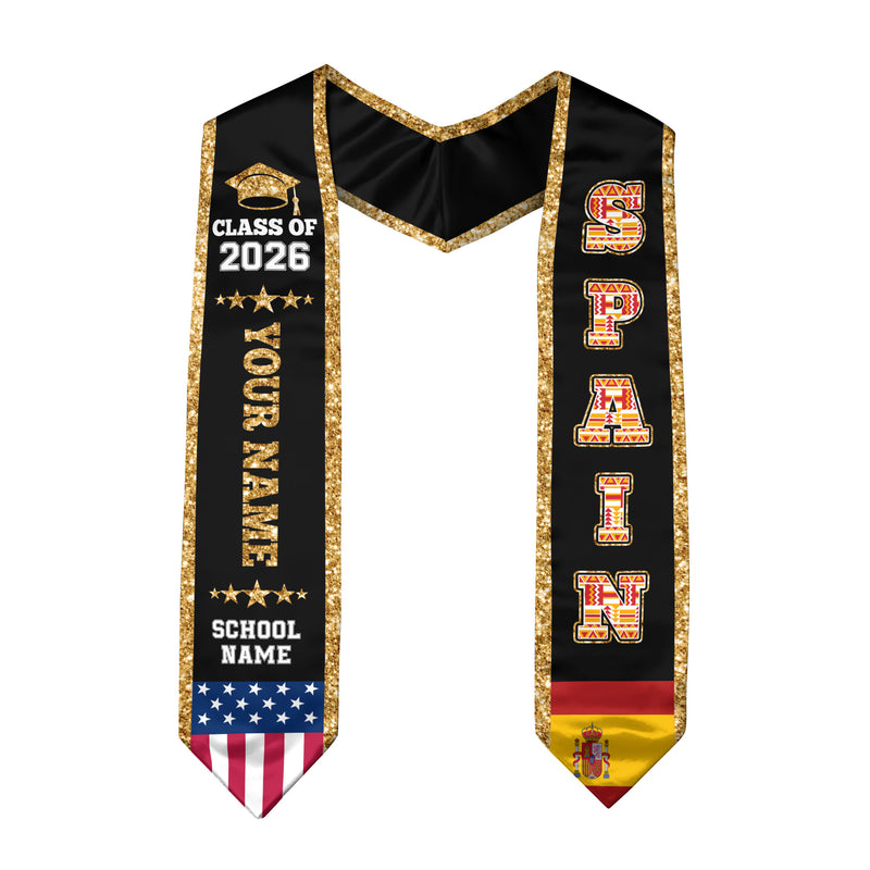 Spain Graduation Stole 2026, Spain Flag Sash, Personal Detail Option for Graduates