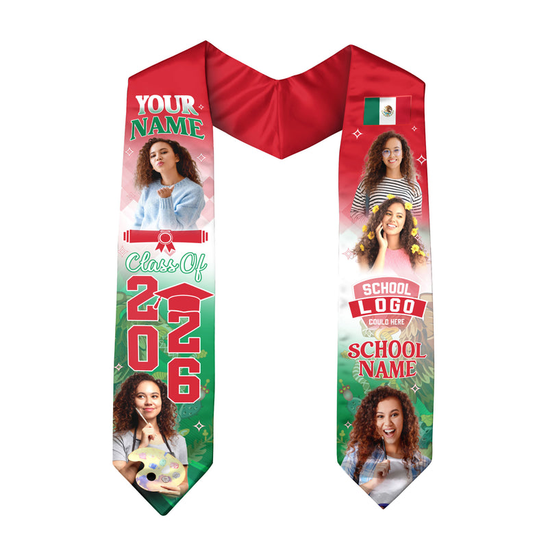 2026 Mexican Flag Graduation Sash, Mexico Stole for Grads, Tailored Finish Detail