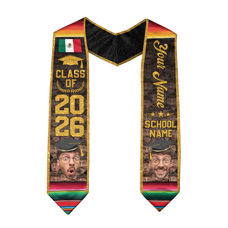 Mexico Flag Graduation Stole 2026, Mexican Sash for Graduates, Name Detail Option