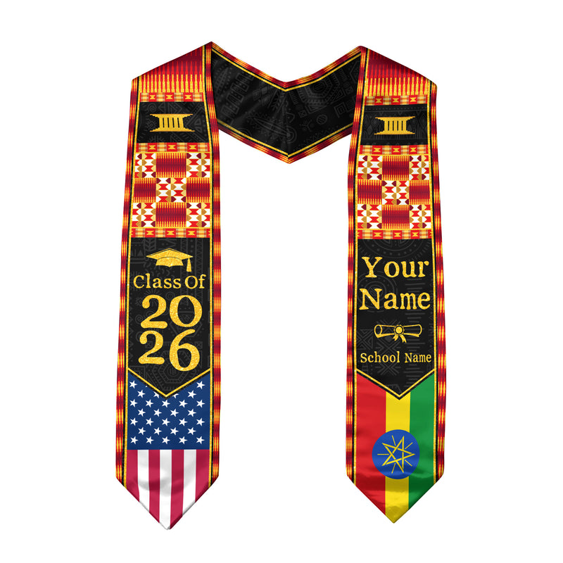 Customized Ethiopian Graduation Stole Featuring Flag Identity Pattern, Graduation Sash Class of 2026