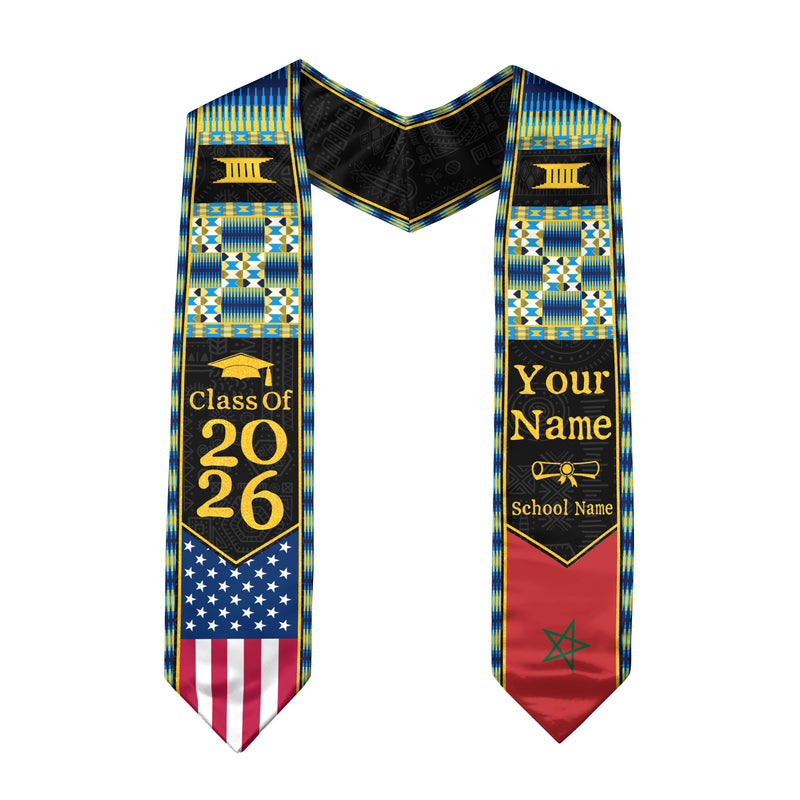 Customized Morocco Graduation Stole Featuring Moroccan Flag Heritage Pattern, Graduation Sash Class of 2026