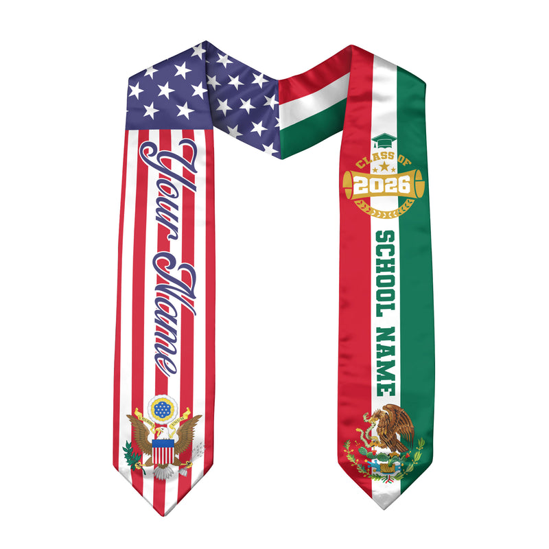 2026 Mexico Graduation Stole, Mexican Flag Sash, Personal Detail Option for Graduation Day