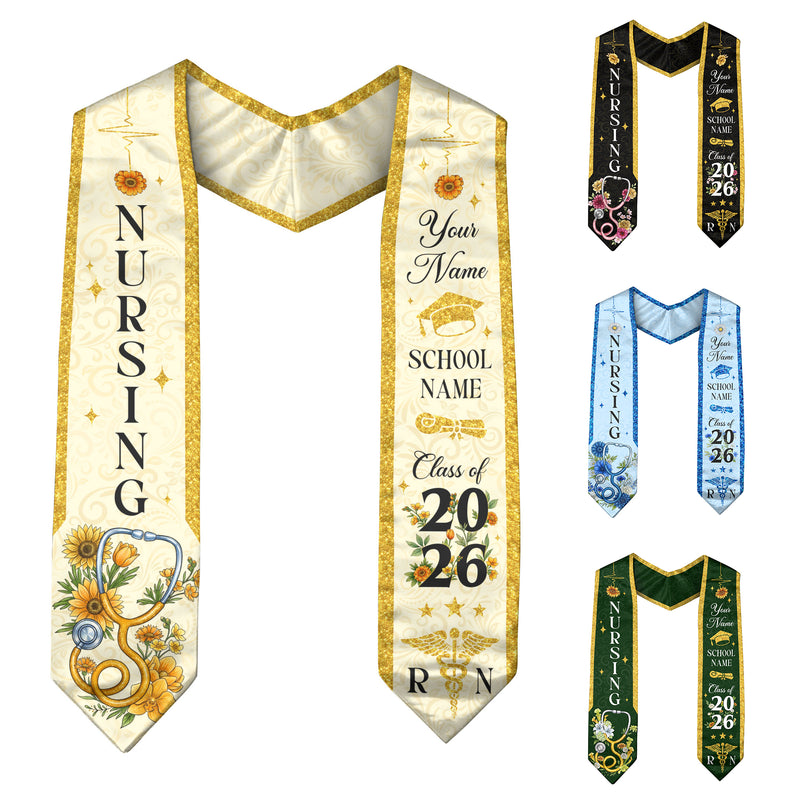 RN Graduation Stole Nursing Class of 2026, Custom Name School, Floral Medical Theme, Personalized Sash Gift