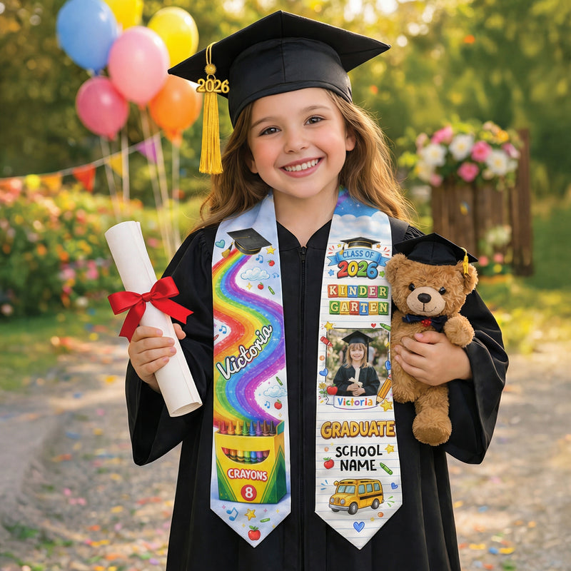 Personalized Graduation Stole for Kids - Custom Photo & School Name 2026 Rainbow Sash