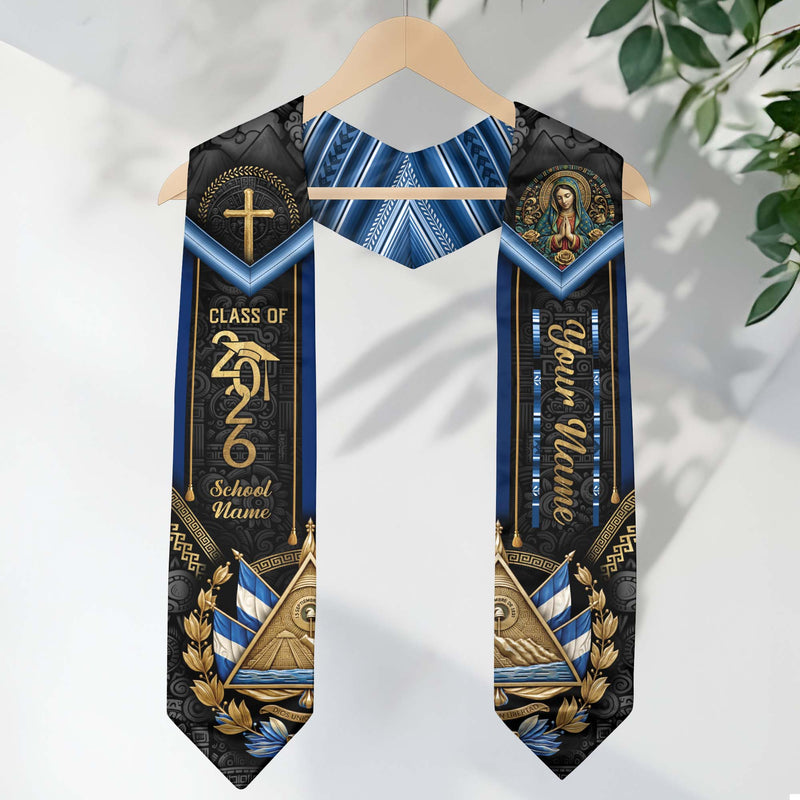 El Salvador Graduation Stole 2026 - Personalized Name Gold Cross Heritage Sash