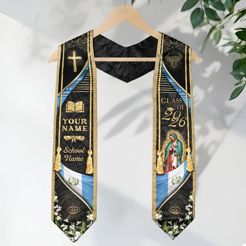 Customized Guatemala Graduation Stole Class of 2026 Name School Year Virgin Mary Cross Cultural Design
