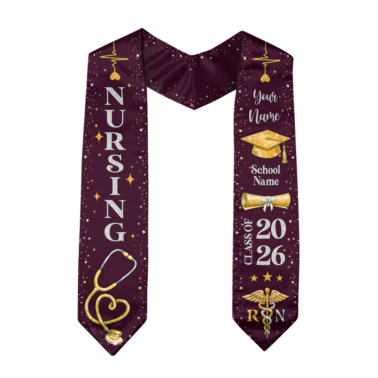RN Nursing Graduation Stole, Class of 2026, Personalized Name and School, Heartbeat Design, Graduation Sash Gift