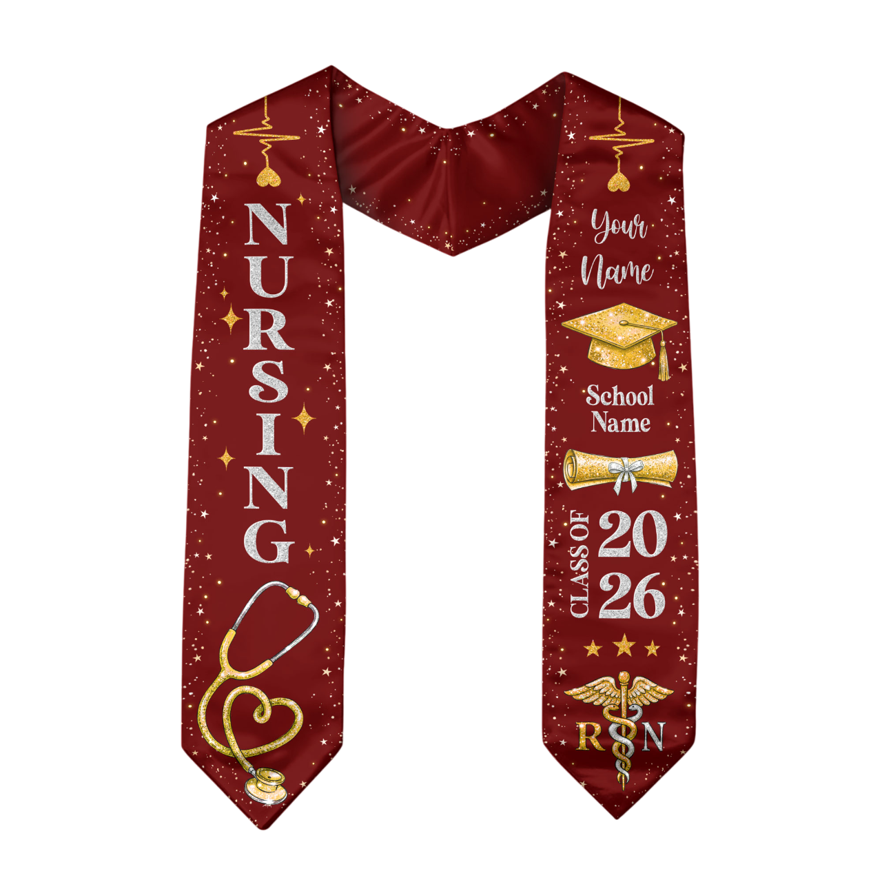 RN Nursing Graduation Stole, Class of 2026, Personalized Name and School, Heartbeat Design, Graduation Sash Gift