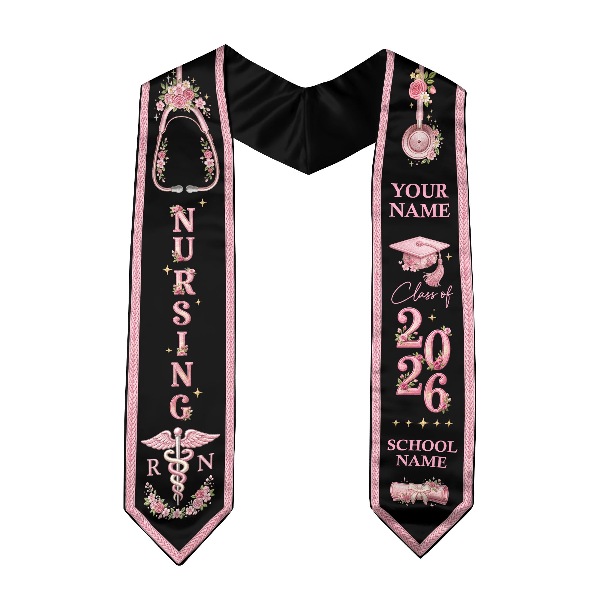 RN Nursing Stole Class of 2026, Personalized Graduation Sash, Custom Name School Detail, Elegant Medical Motif Gift