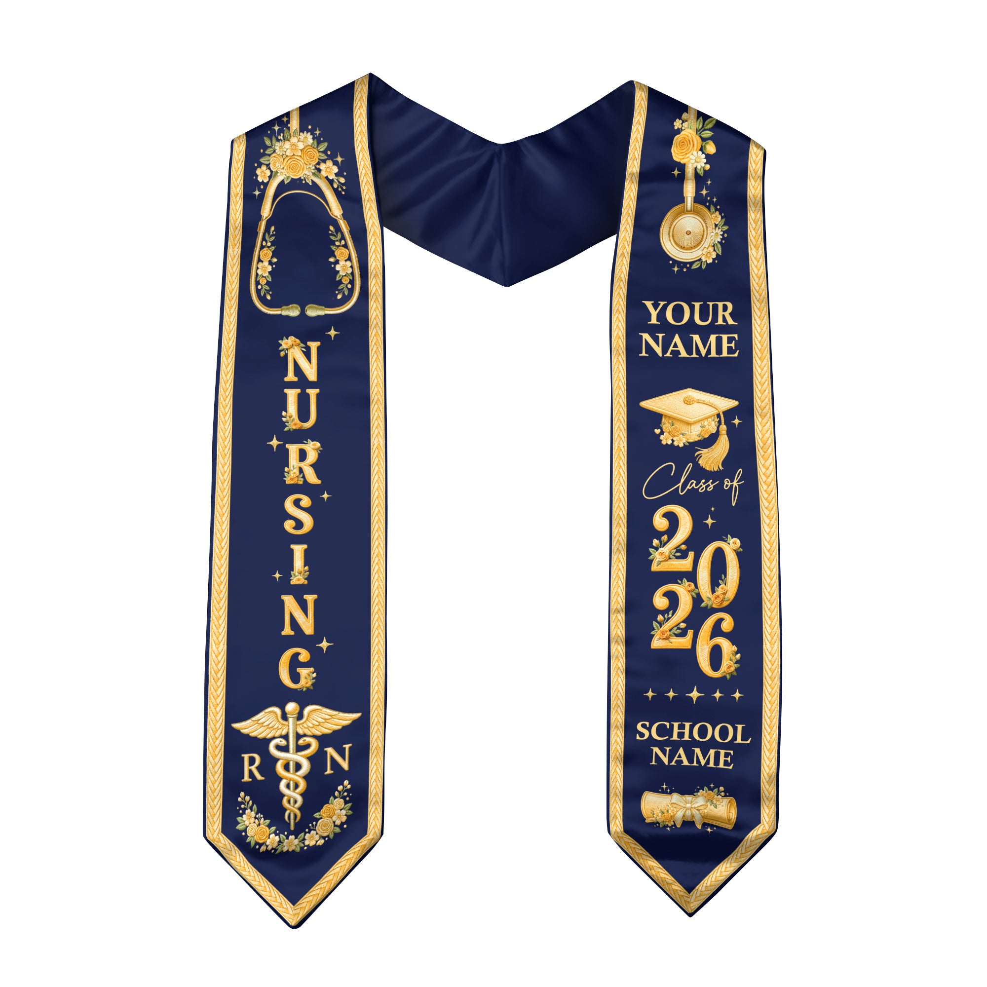 RN Nursing Stole Class of 2026, Personalized Graduation Sash, Custom Name School Detail, Elegant Medical Motif Gift