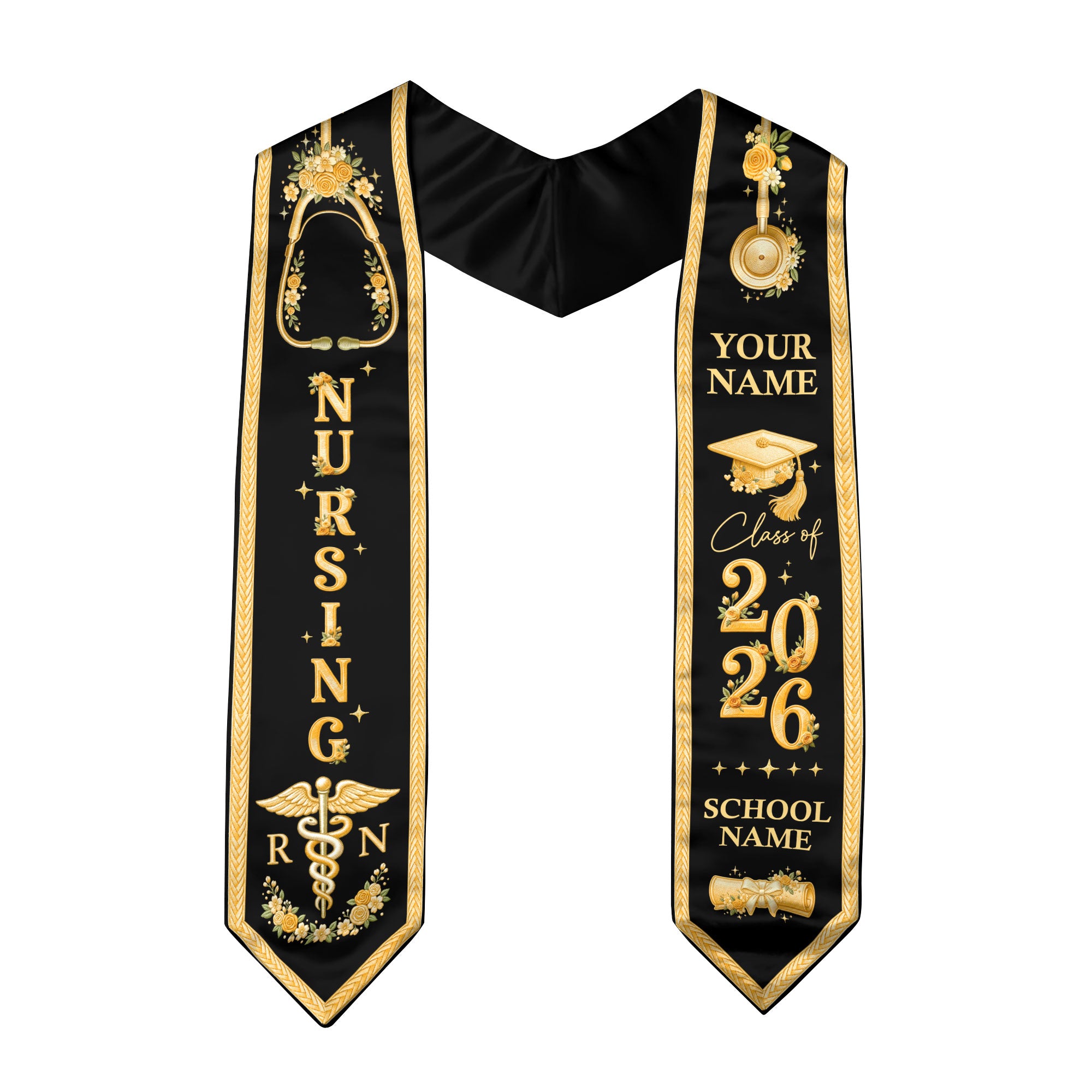 RN Nursing Stole Class of 2026, Personalized Graduation Sash, Custom Name School Detail, Elegant Medical Motif Gift
