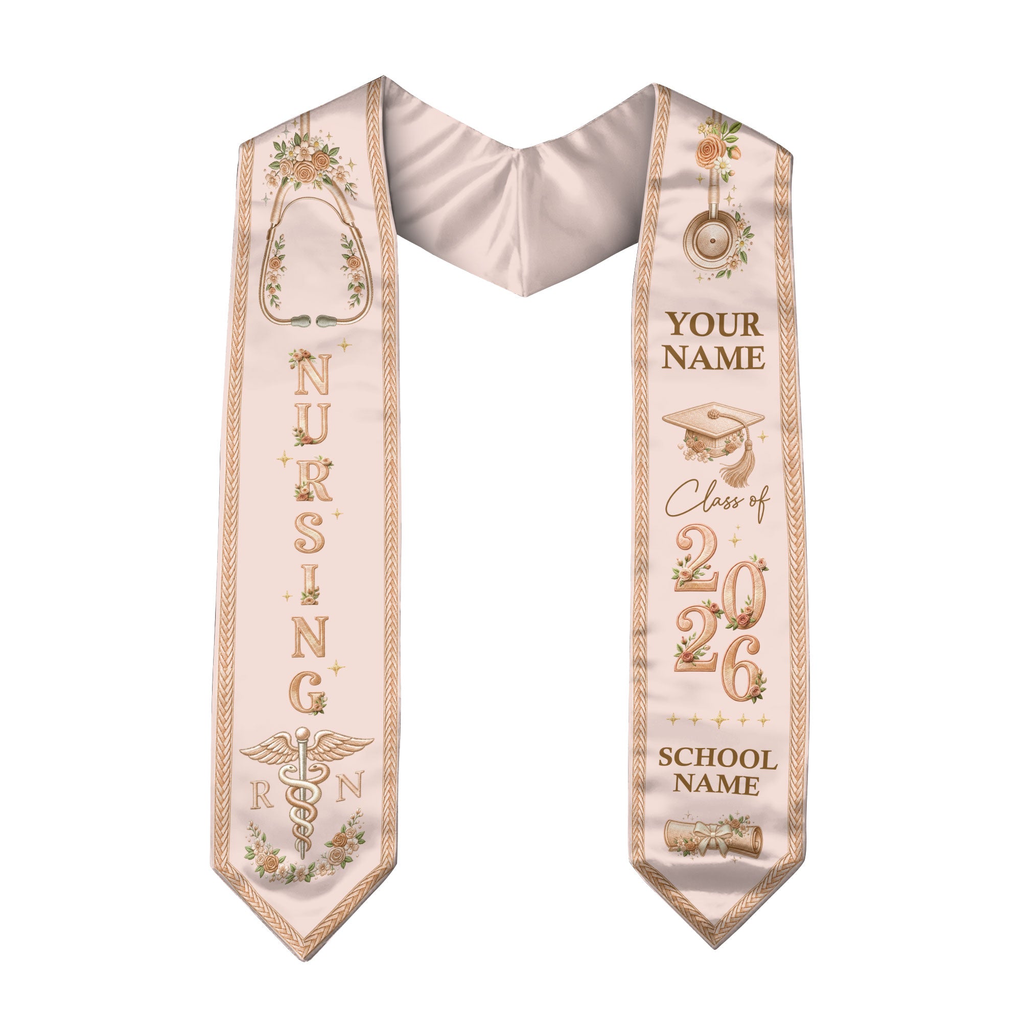 RN Nursing Stole Class of 2026, Personalized Graduation Sash, Custom Name School Detail, Elegant Medical Motif Gift
