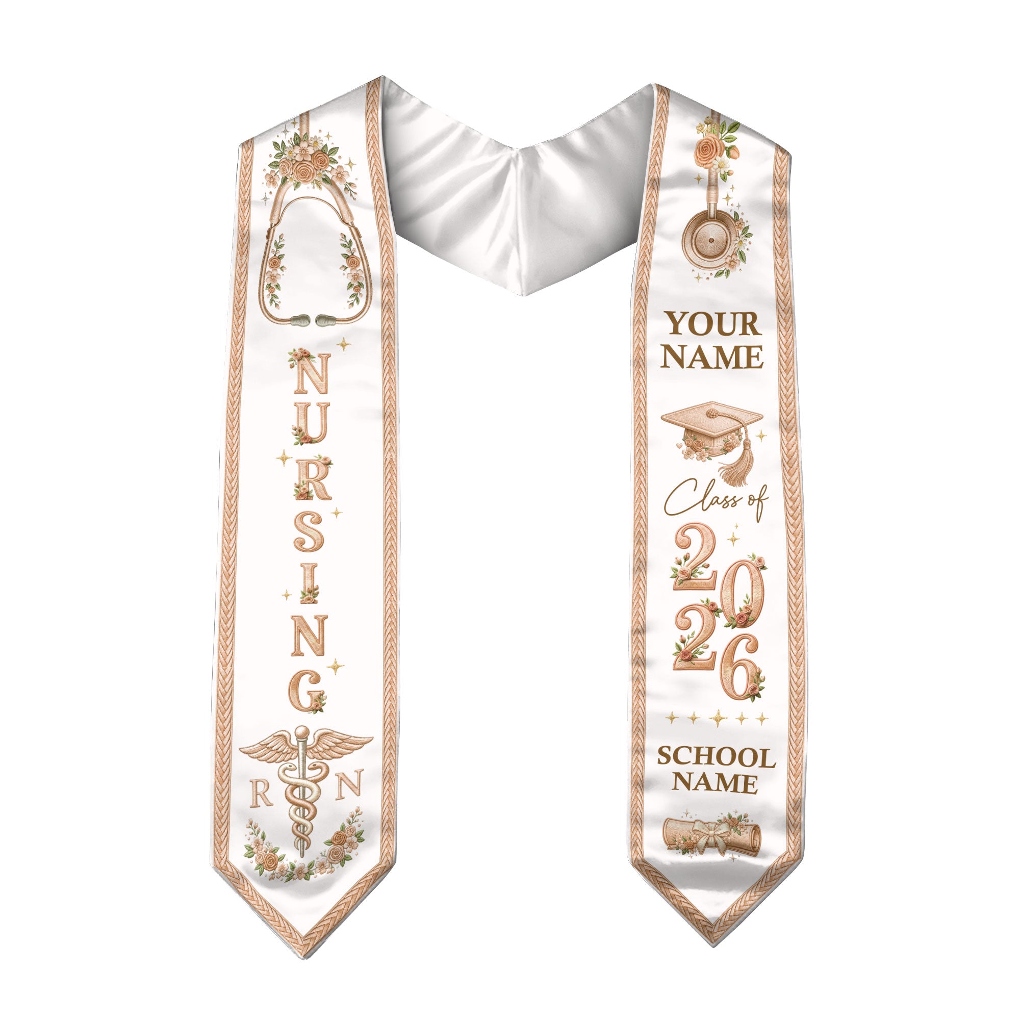 RN Nursing Stole Class of 2026, Personalized Graduation Sash, Custom Name School Detail, Elegant Medical Motif Gift