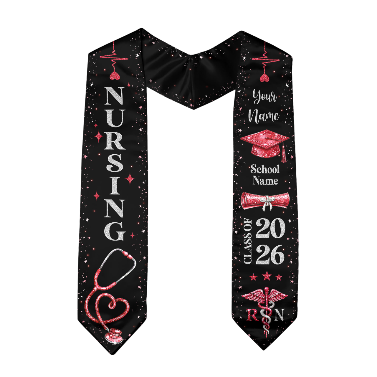RN Nursing Graduation Stole, Class of 2026, Personalized Name and School, Heartbeat Design, Graduation Sash Gift