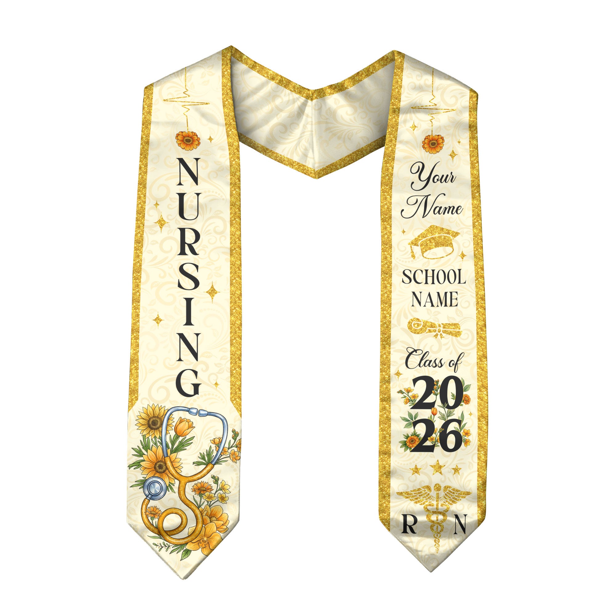 RN Graduation Stole Nursing Class of 2026, Custom Name School, Floral Medical Theme, Personalized Sash Gift