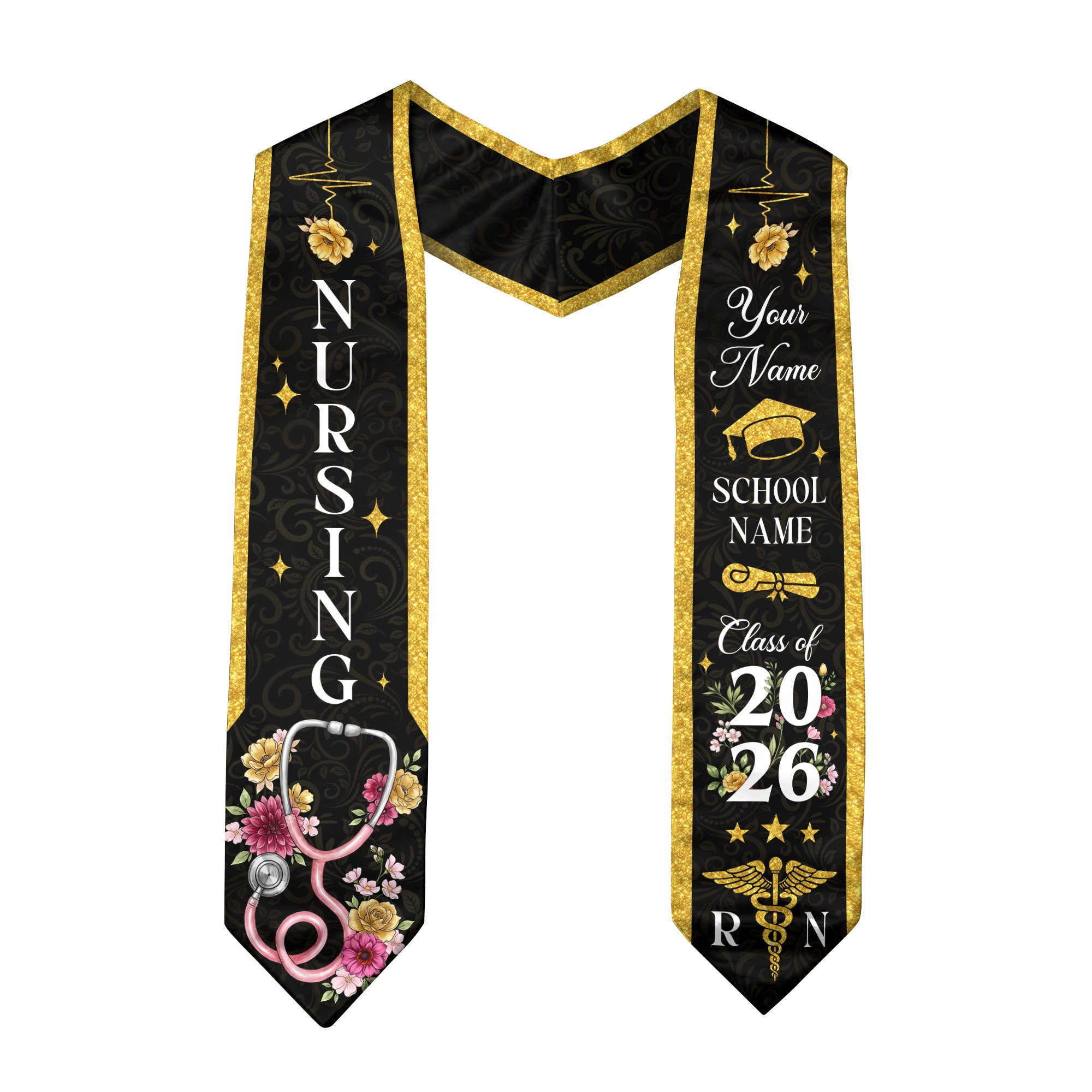 RN Graduation Stole Nursing Class of 2026, Custom Name School, Floral Medical Theme, Personalized Sash Gift