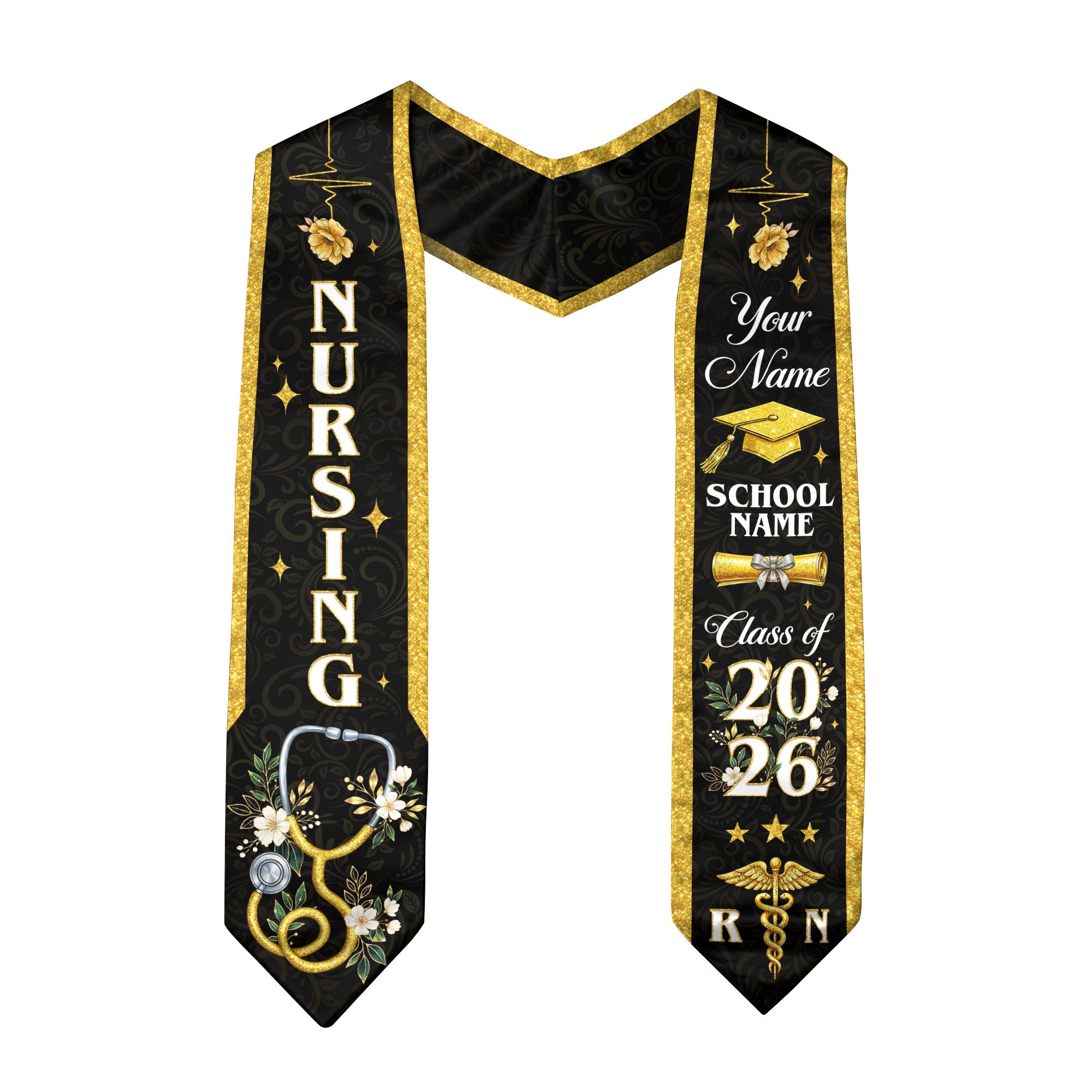 RN Nursing Graduation Stole, Class of 2026, Custom Name School, Stethoscope Pattern, Sash Gift